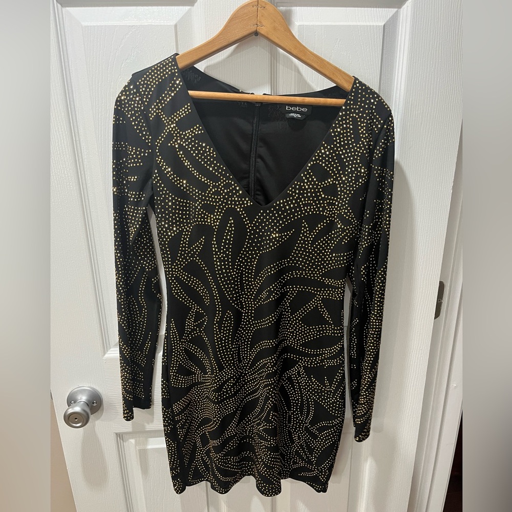 Small bebe black and gold embellished bodycon dress